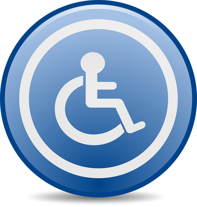 A blue button with a wheelchair icon on it